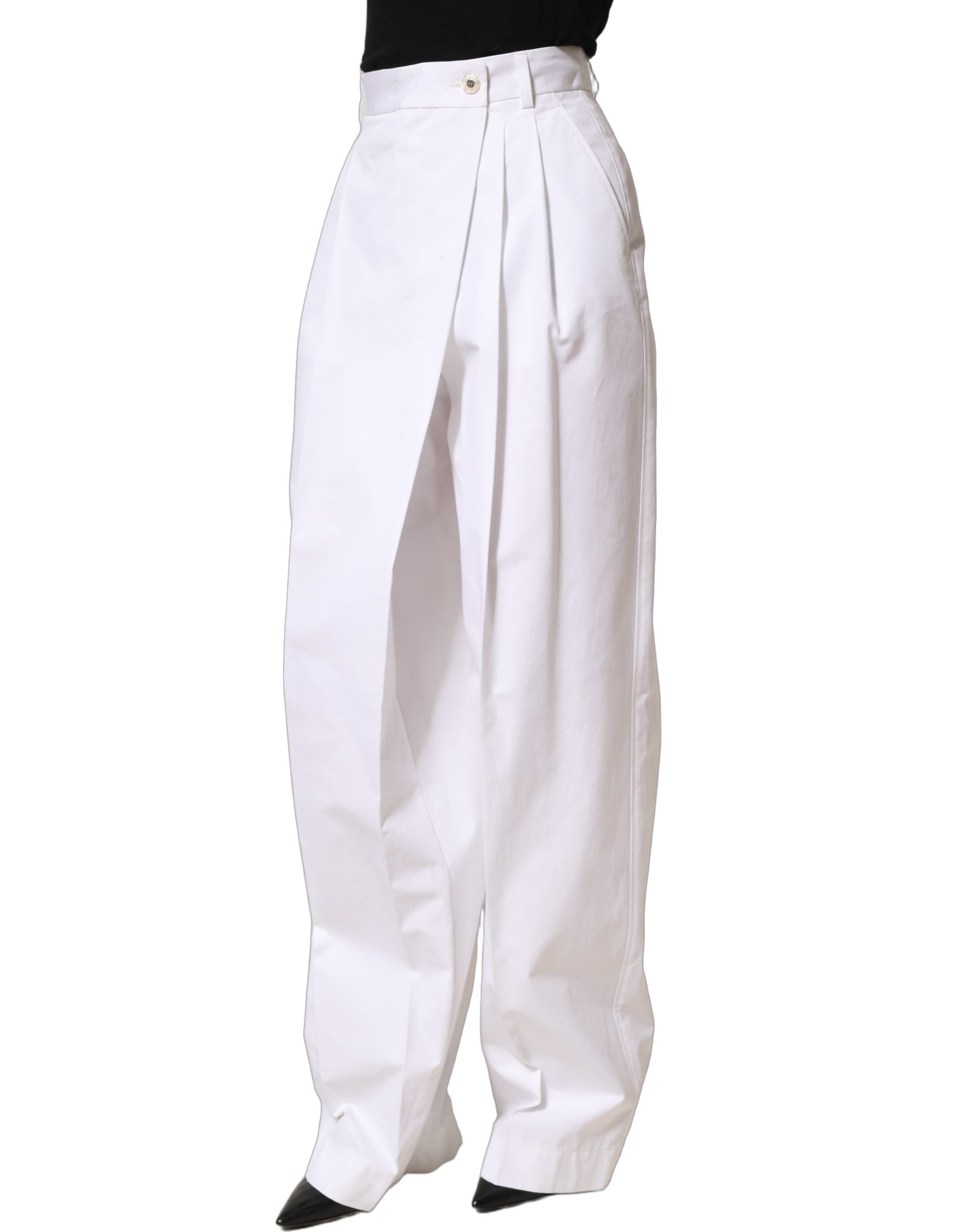 Dolce & Gabbana Weiße Baumwollhose mit hoher Taille, Falten und weitem Bein