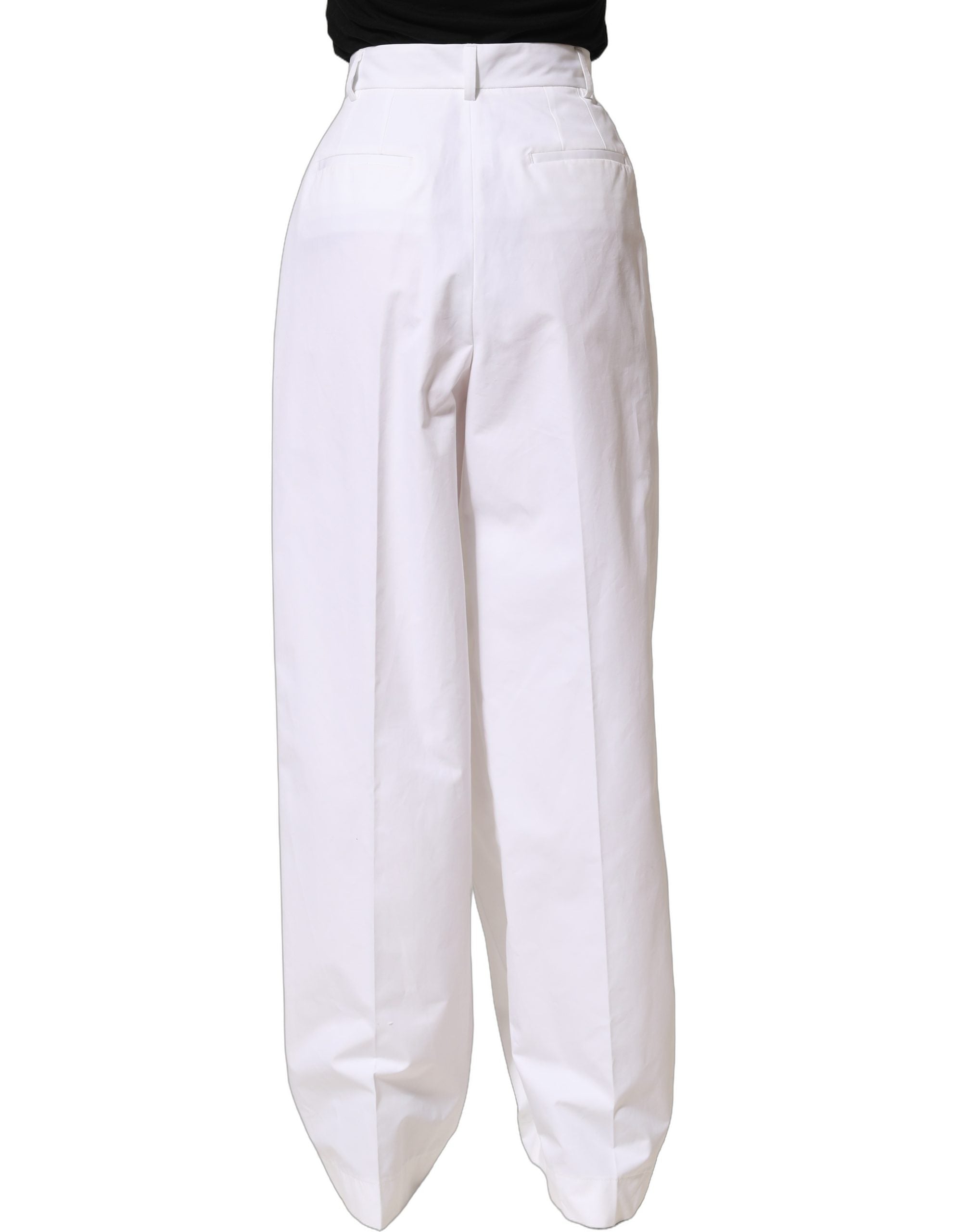 Dolce & Gabbana Weiße Baumwollhose mit hoher Taille, Falten und weitem Bein