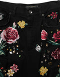 Dolce & Gabbana Schwarze Hose mit Blumenprint, hoher Taille und schmal zulaufendem Bein aus Baumwolle