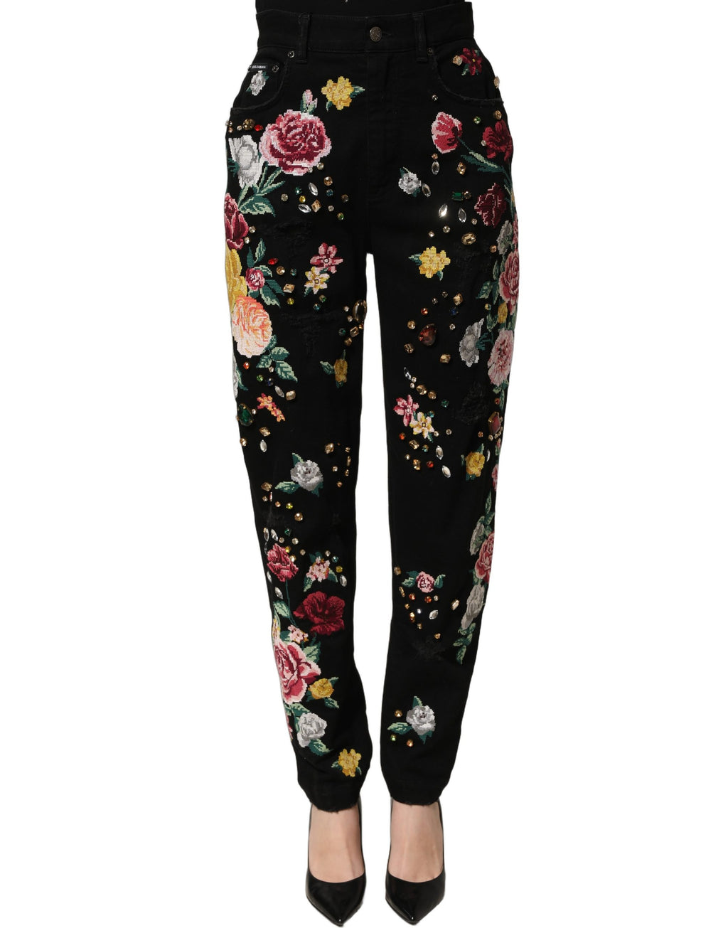 Dolce & Gabbana Schwarze Hose mit Blumenprint, hoher Taille und schmal zulaufendem Bein aus Baumwolle