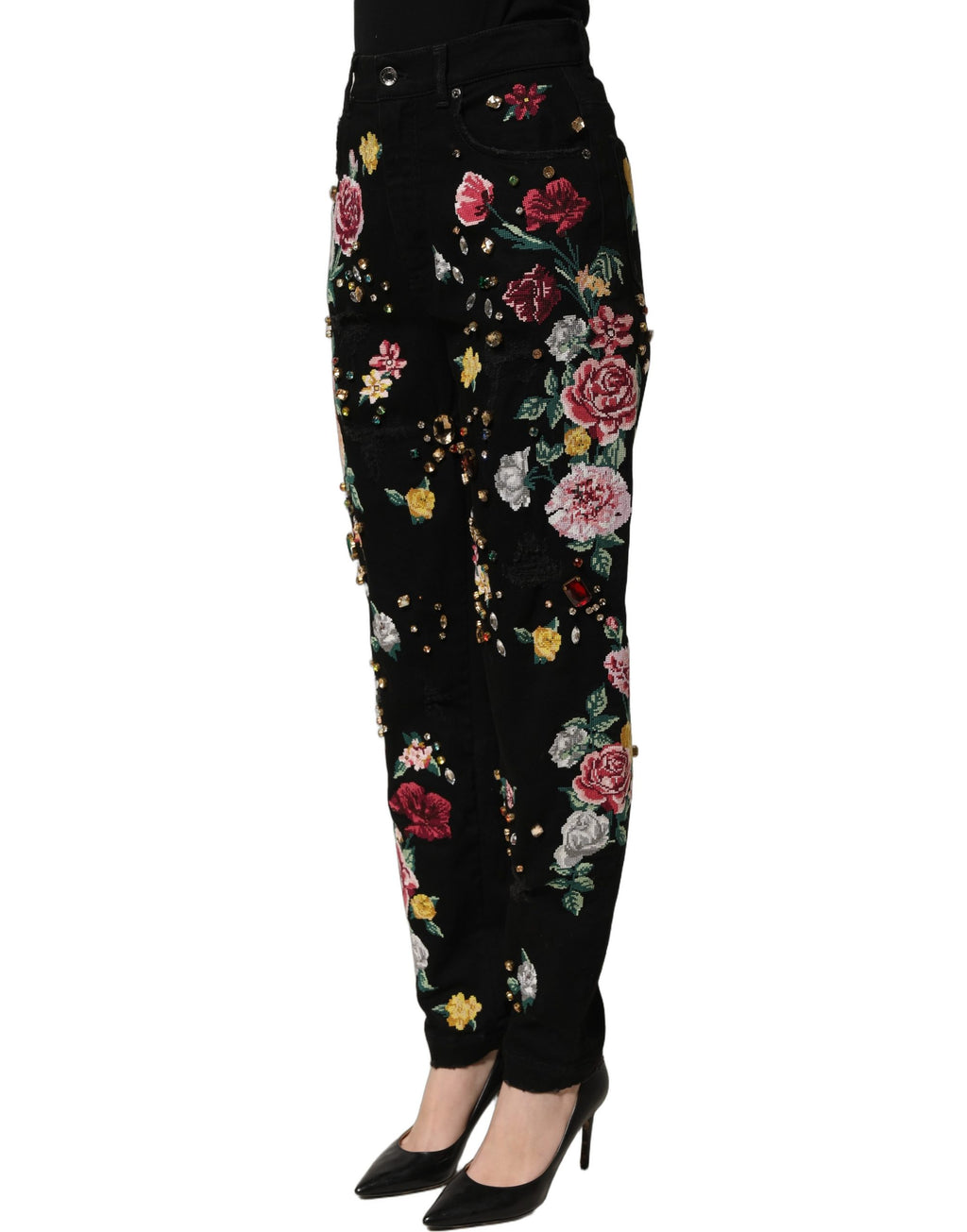 Dolce & Gabbana Schwarze Hose mit Blumenprint, hoher Taille und schmal zulaufendem Bein aus Baumwolle