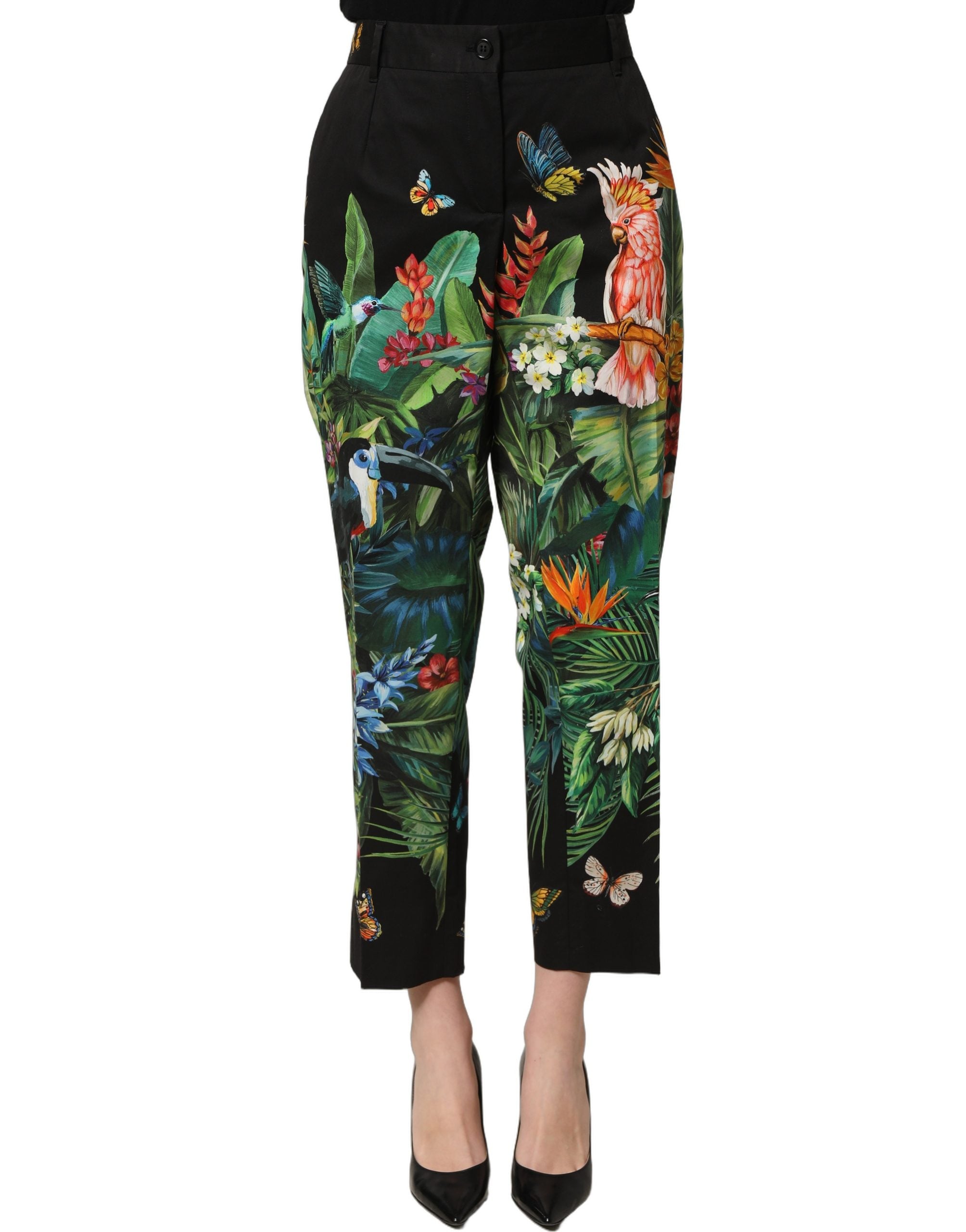 Dolce & Gabbana Schwarze Hose aus Baumwolle mit tropischem Print und hoher Taille