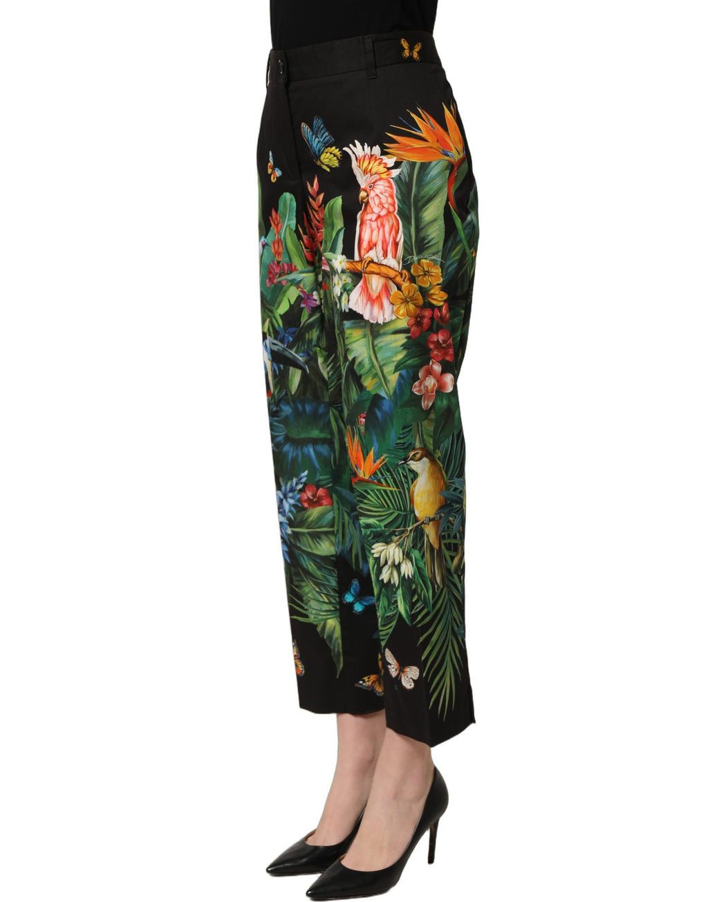 Dolce & Gabbana Schwarze Hose aus Baumwolle mit tropischem Print und hoher Taille