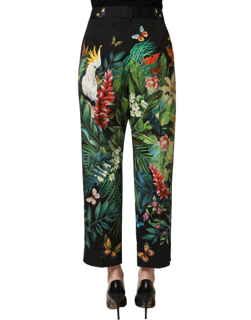 Dolce & Gabbana Schwarze Hose aus Baumwolle mit tropischem Print und hoher Taille