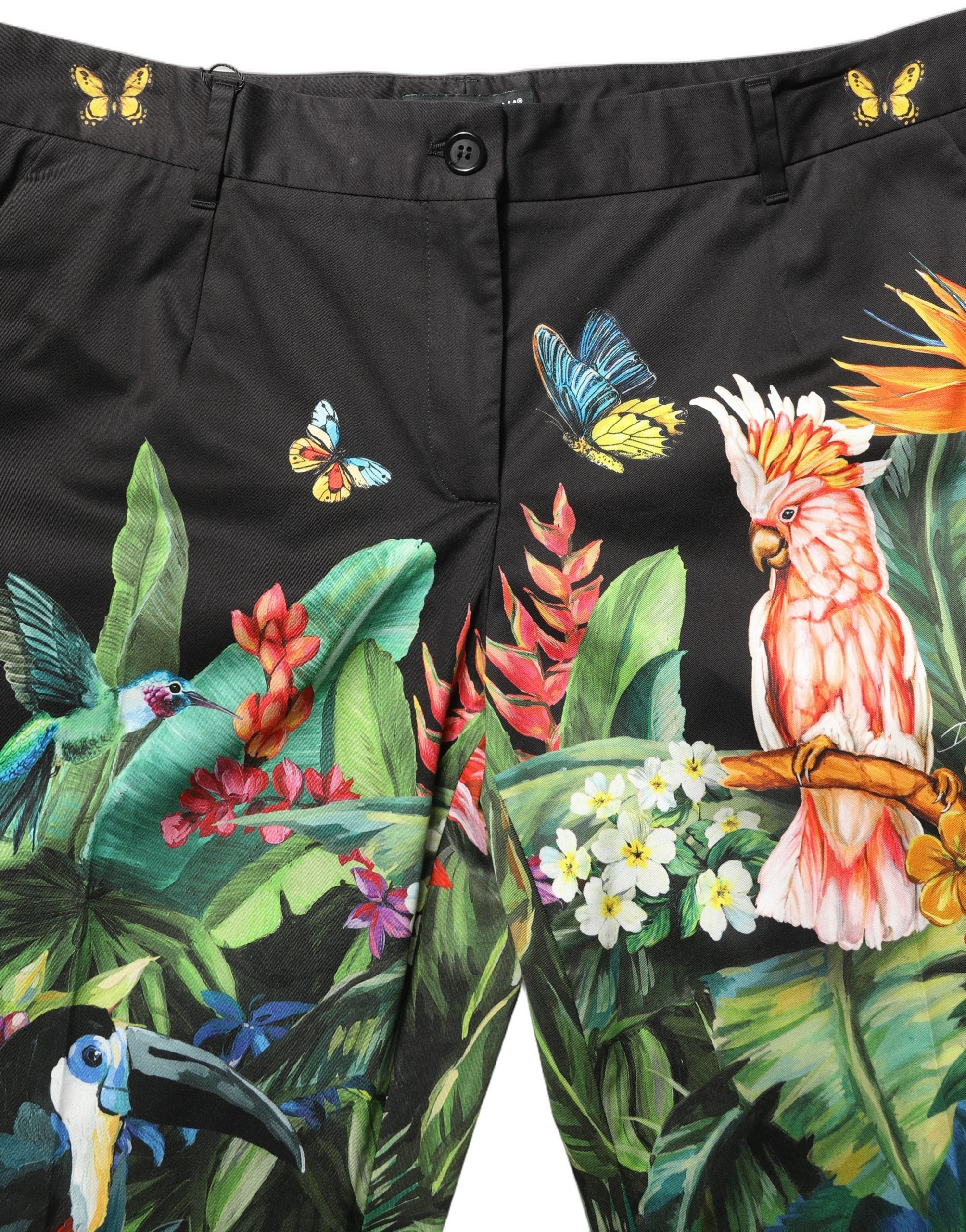 Dolce & Gabbana Schwarze Hose aus Baumwolle mit tropischem Print und hoher Taille
