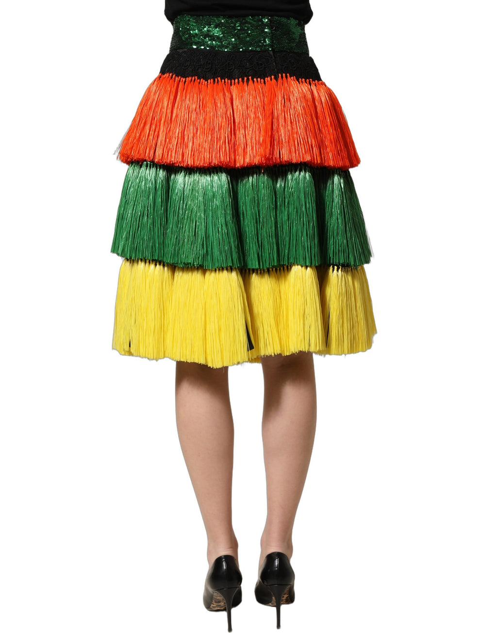 Dolce & Gabbana Mehrfarbiger Paillettenrock mit Fransen und hoher Taille, knielang