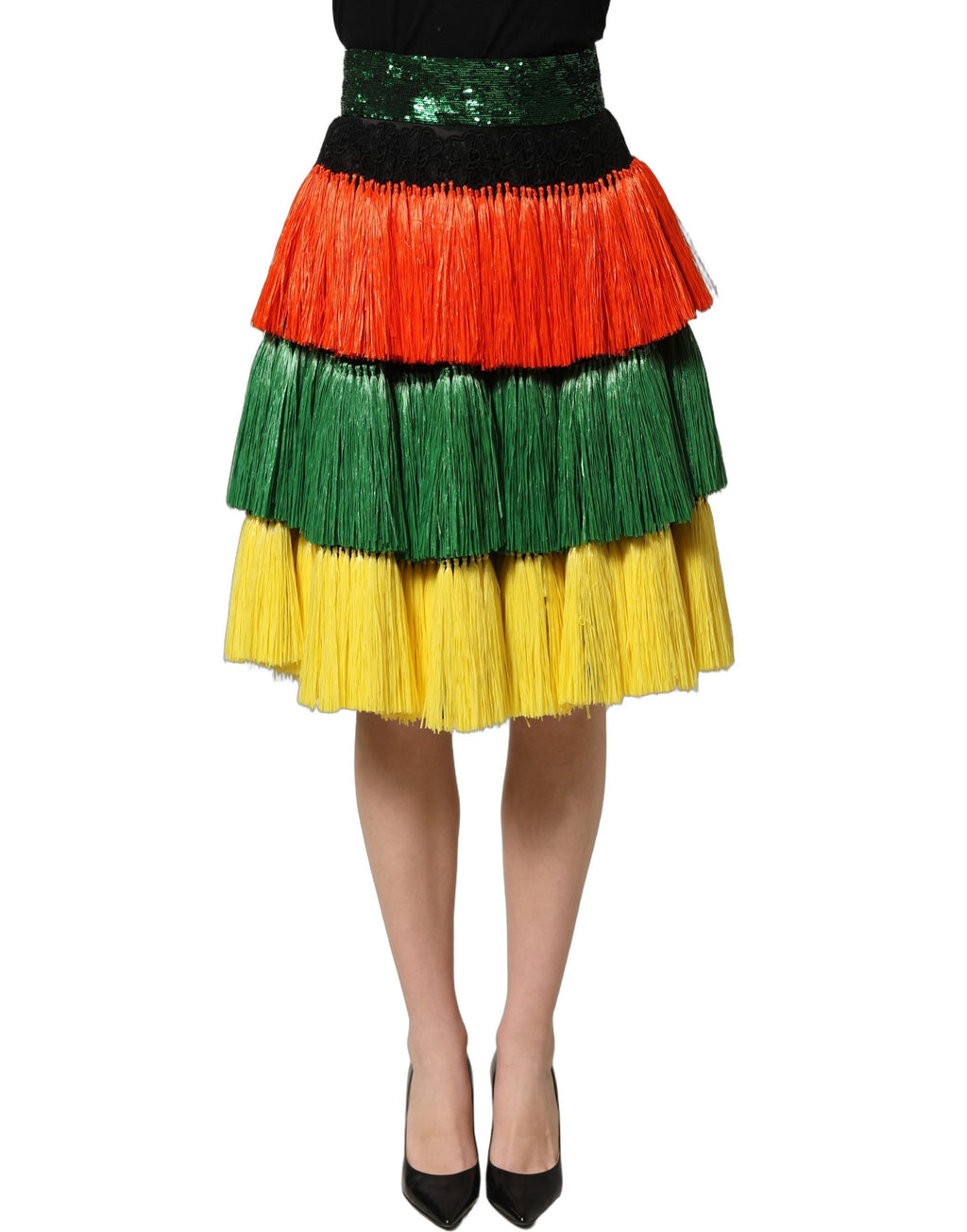 Dolce & Gabbana Mehrfarbiger Paillettenrock mit Fransen und hoher Taille, knielang