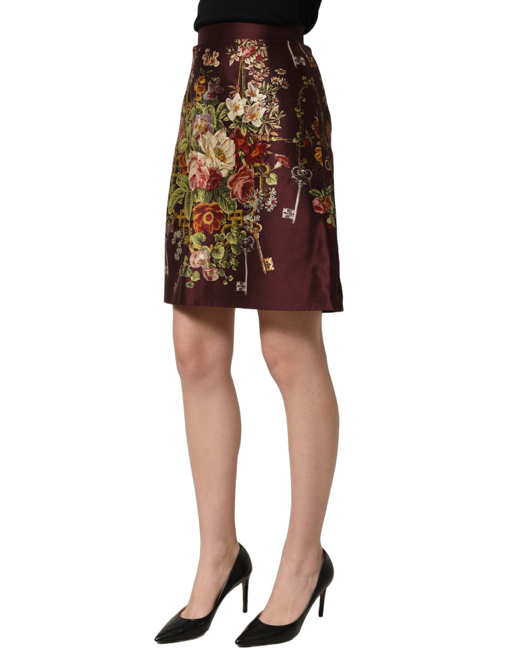 Dolce & Gabbana Minirock mit hoher Taille und A-Linie in Burgunderrot mit Blumenmuster