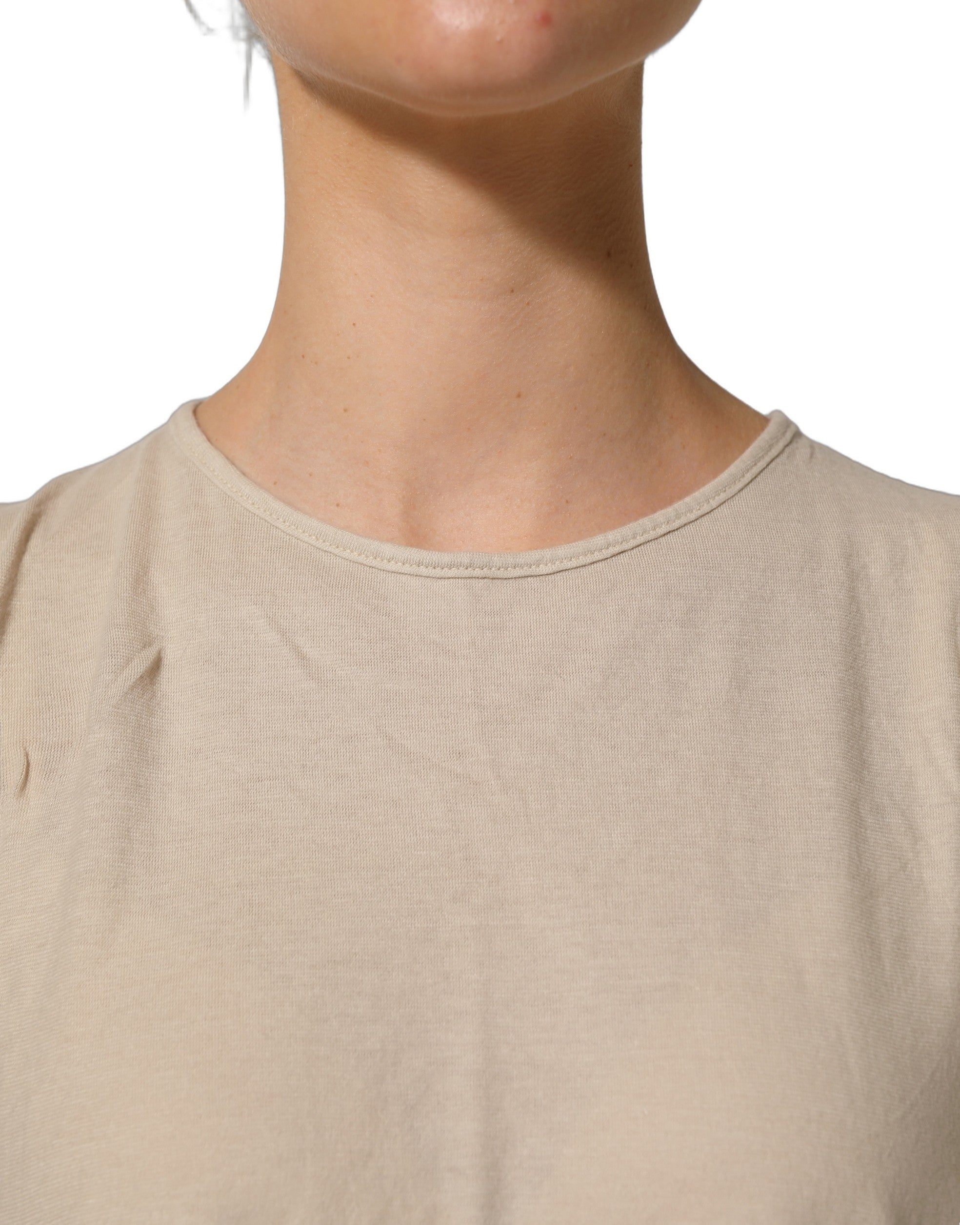 PINK MEMORIES Beige Baumwoll-Oberteil mit Spitzendetails und Rundhalsausschnitt