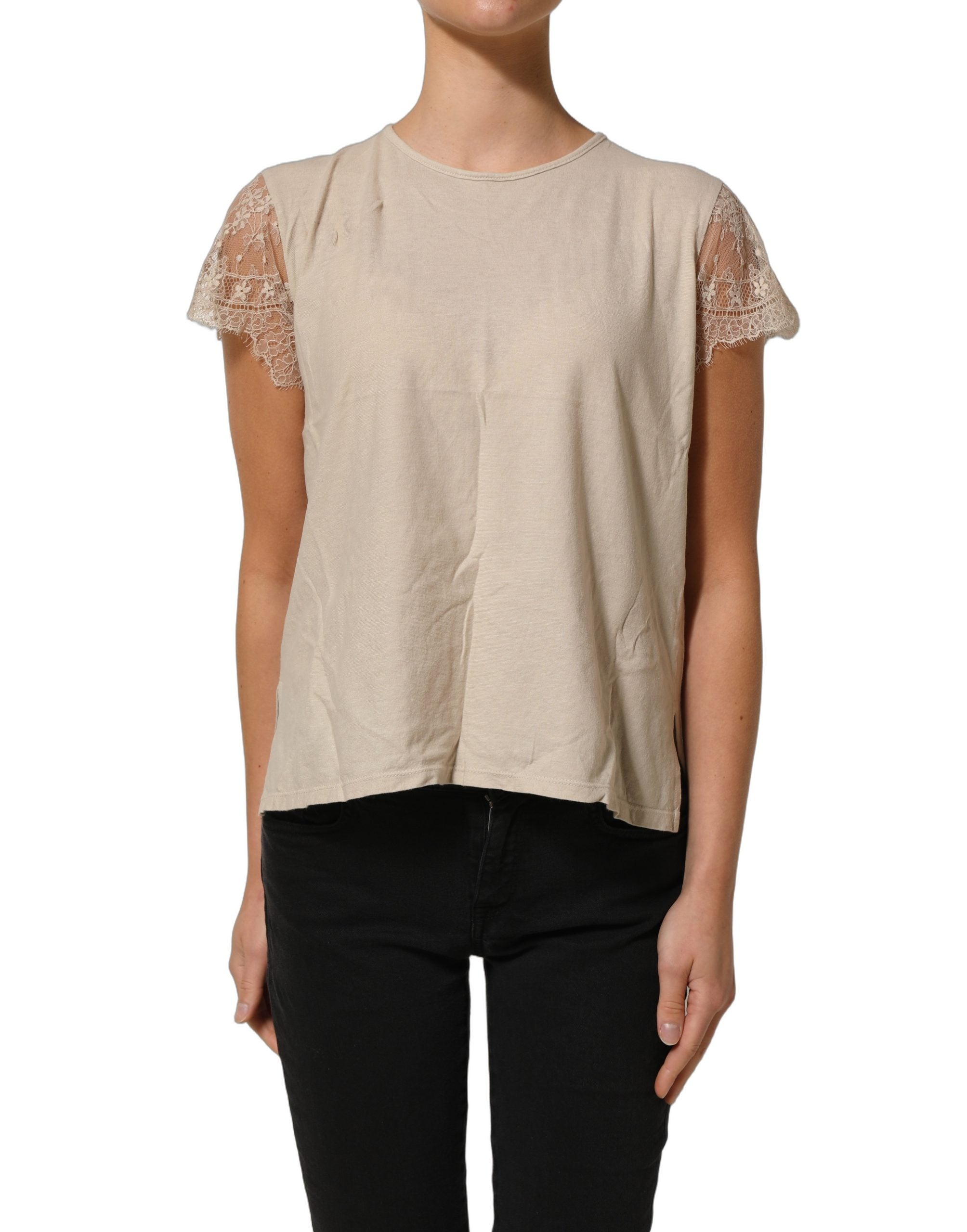 PINK MEMORIES Beige Baumwoll-Oberteil mit Spitzendetails und Rundhalsausschnitt