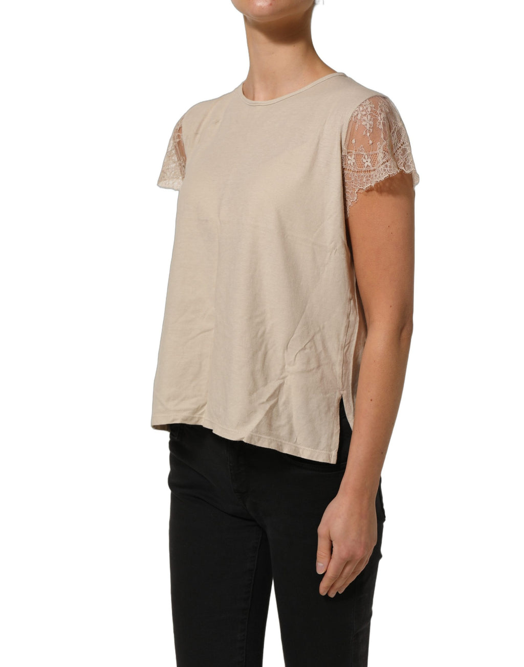 PINK MEMORIES Beige Baumwoll-Oberteil mit Spitzendetails und Rundhalsausschnitt