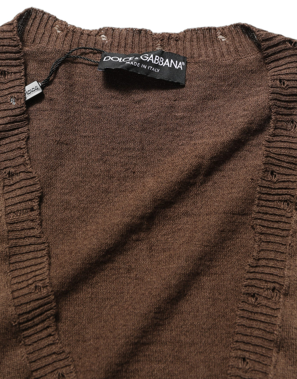 Dolce & Gabbana Brauner Pullover aus Leinen mit V-Ausschnitt und Knöpfen