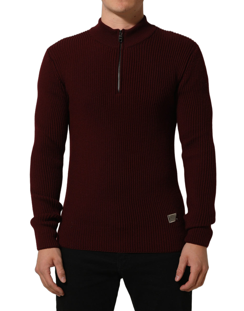 Dolce & Gabbana Burgunderfarbener Wollpullover mit halblangem Reißverschluss für Herren