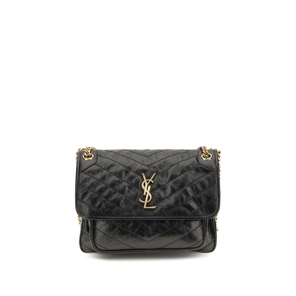 Saint Laurent Schwarze Bos Taurus Kalbsleder Schultertasche