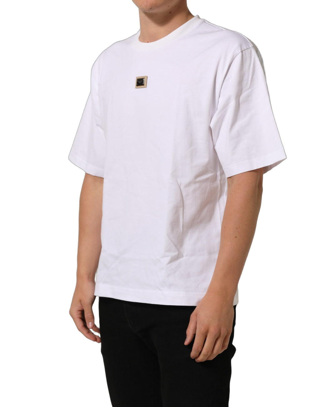 Dolce & Gabbana Weißes Baumwoll-T-Shirt mit Rundhalsausschnitt und Logo-Plakette