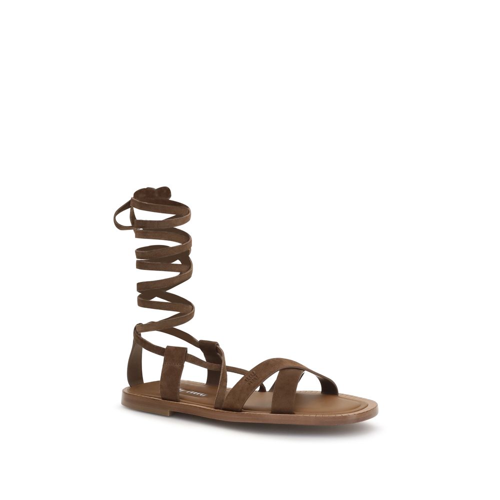 Miu Miu Braune Bos Taurus Kalbsleder-Sandalen mit Riemenverschluss
