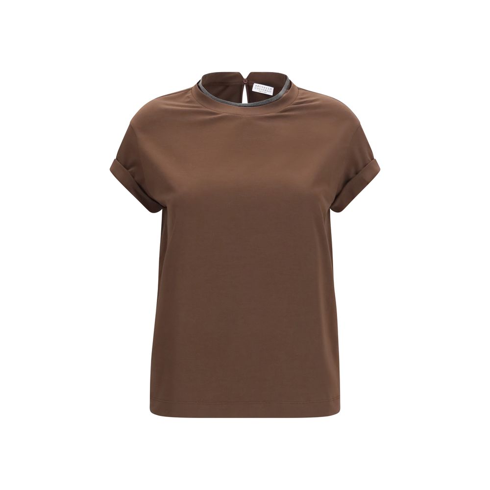 Brunello Cucinelli Braunes T-Shirt aus Elasthan