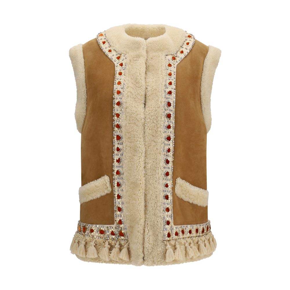 Valentino Garavani Ärmellose Jacke aus Lammleder in Beige Ovis Aries Aries