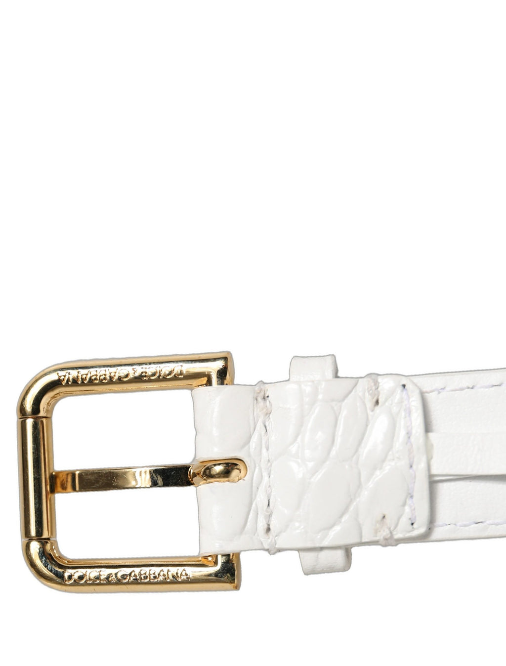 Dolce & Gabbana Weißer Gürtelarmband aus Leder mit Prägung und goldener Schnalle