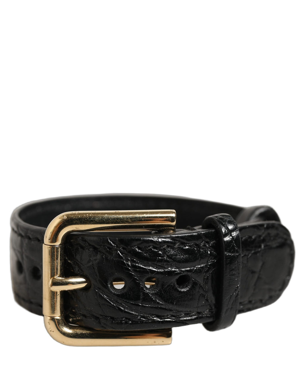 Dolce & Gabbana Schwarzer Gürtel-Armreif aus strukturiertem Leder mit goldener Schnalle