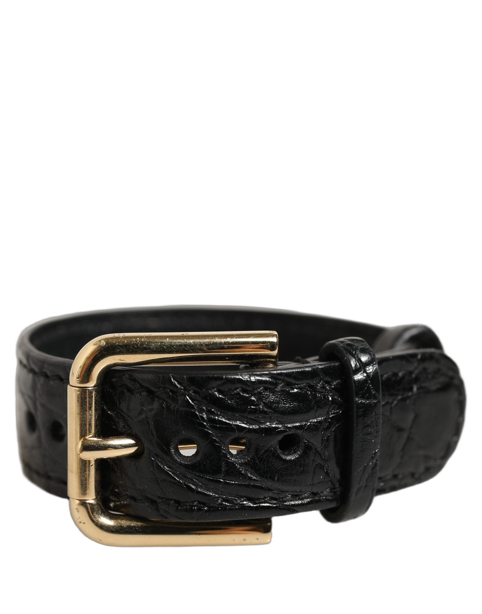 Dolce & Gabbana Schwarzer Gürtel-Armreif aus strukturiertem Leder mit goldener Schnalle