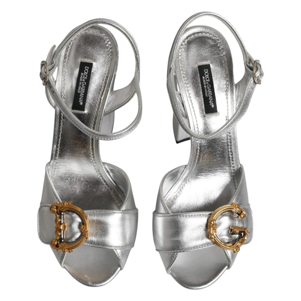 Dolce & Gabbana Silberne Logo-Knöchelriemen-Absätze Sandalen Schuhe