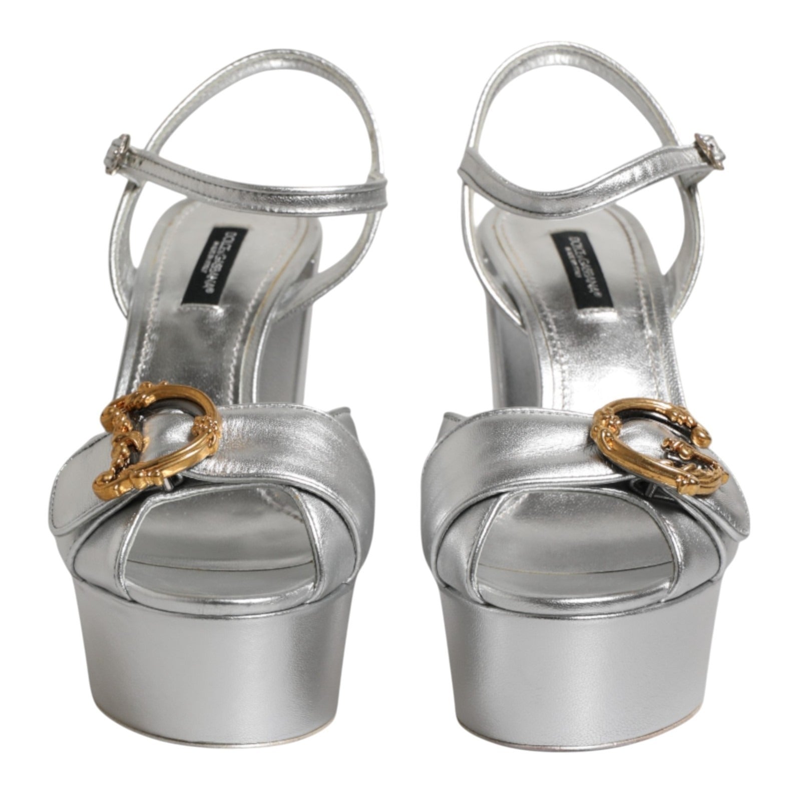 Dolce & Gabbana Silberne Logo-Knöchelriemen-Absätze Sandalen Schuhe