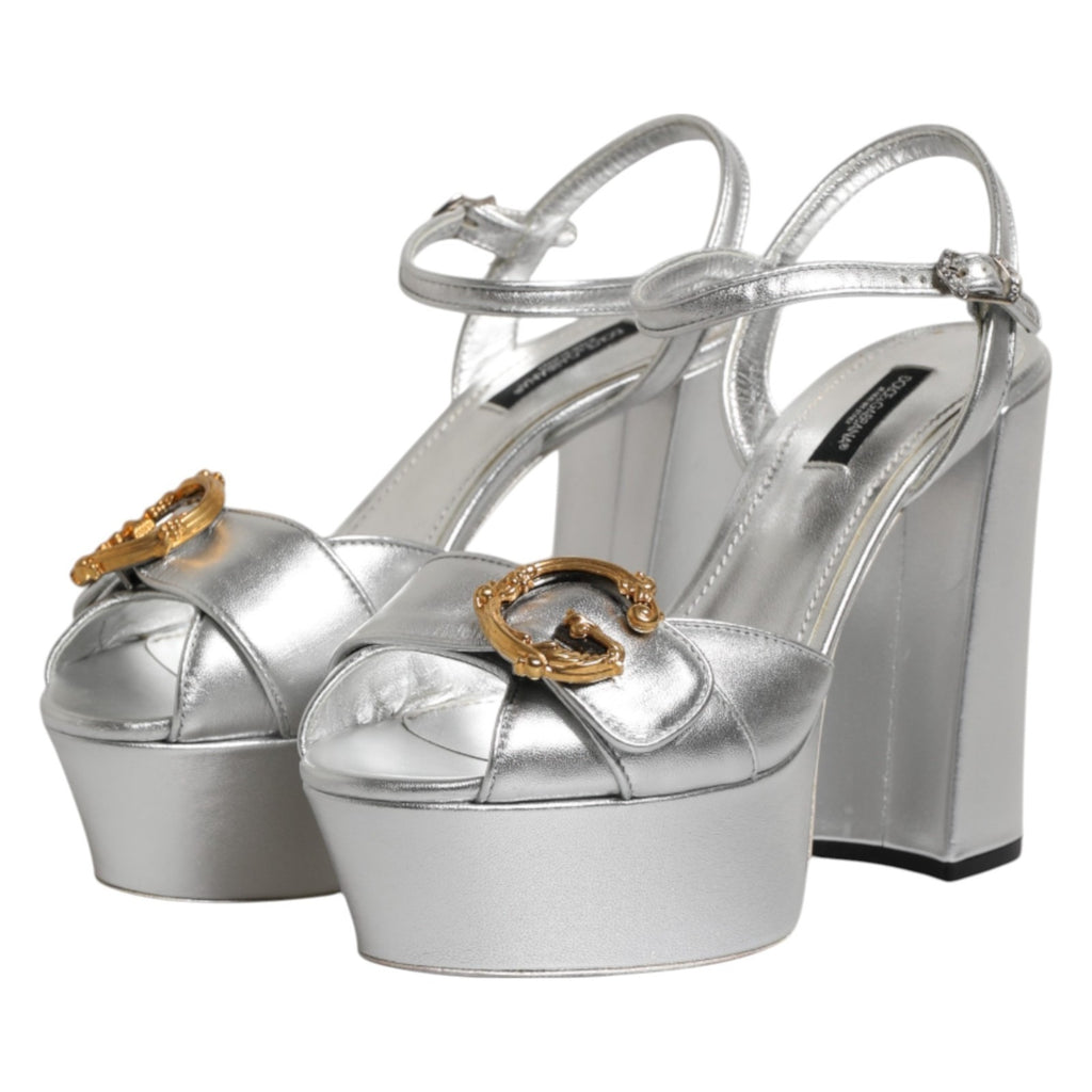 Dolce & Gabbana Silberne Logo-Knöchelriemen-Absätze Sandalen Schuhe