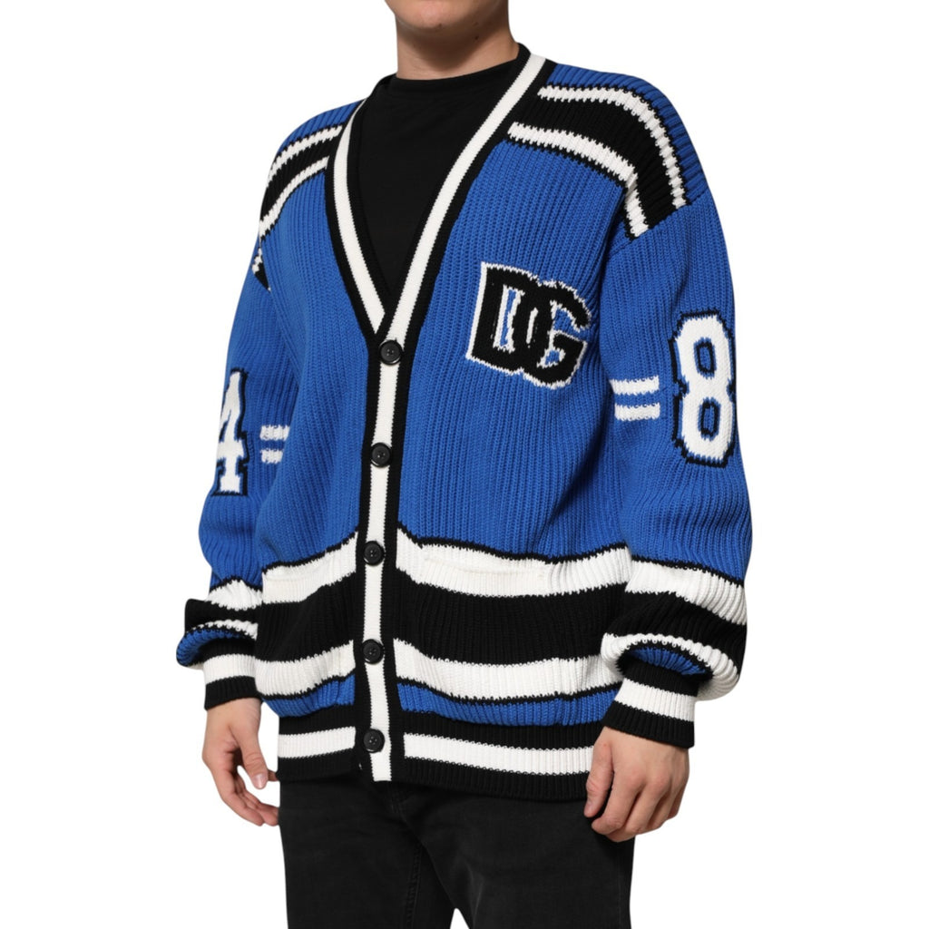 Dolce & Gabbana Blauer Baumwoll-Logoaufnäher Rippenstrickpullover