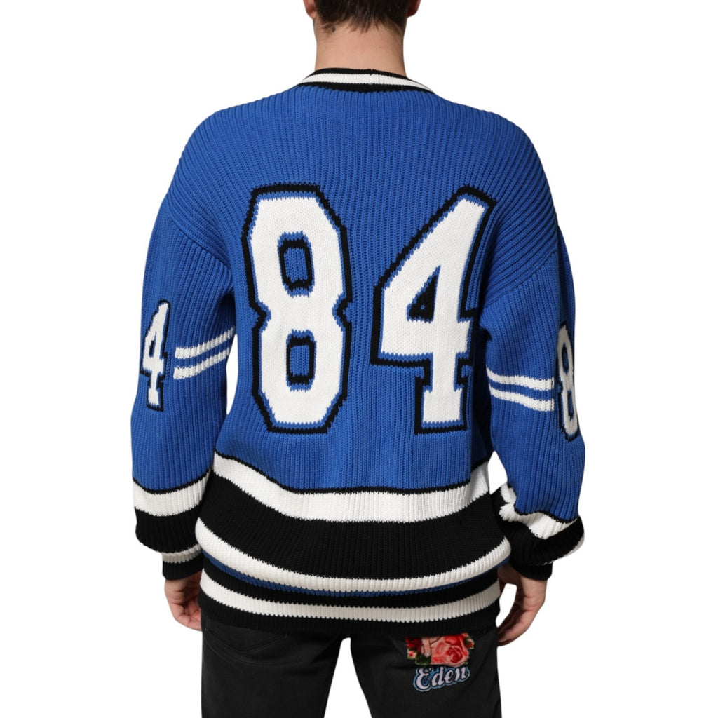 Dolce & Gabbana Blauer Baumwoll-Logoaufnäher Rippenstrickpullover