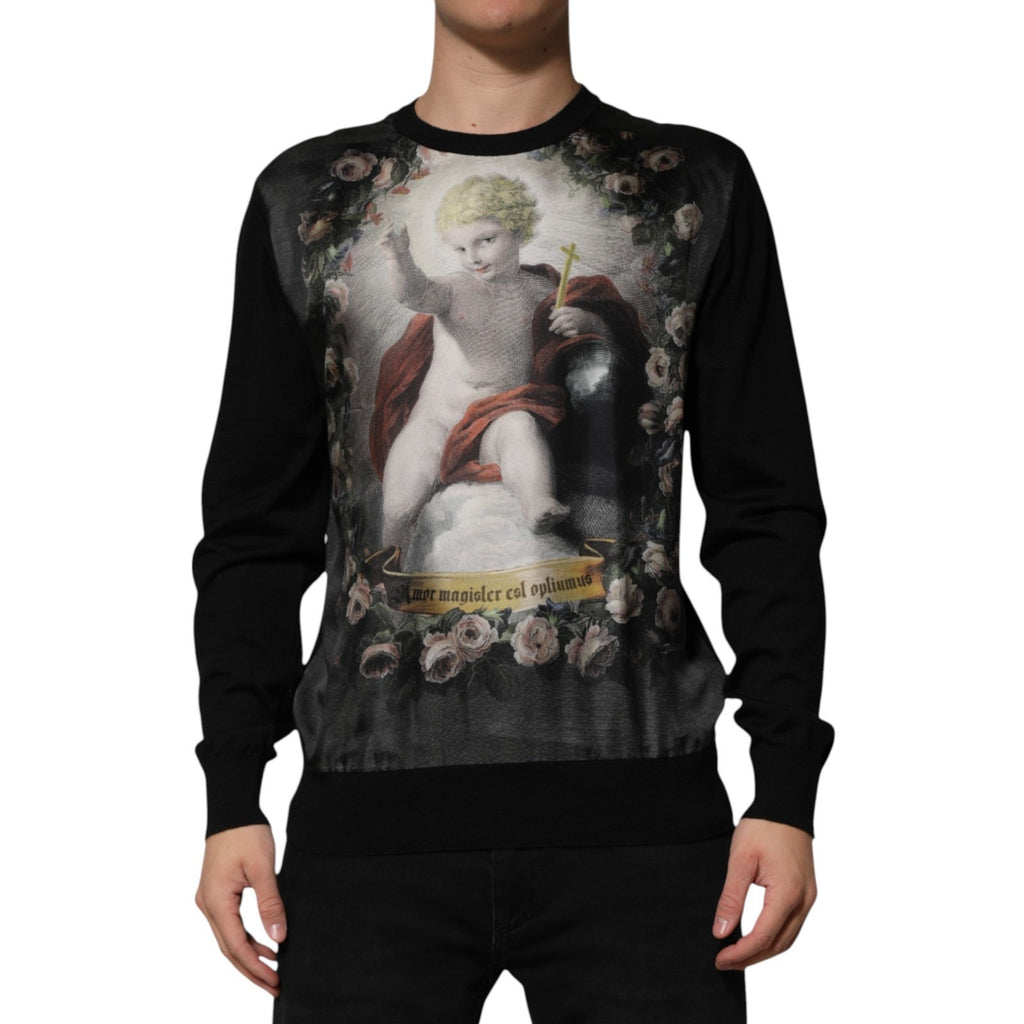 Dolce & Gabbana Schwarzer Kaschmir-Pullover mit Cherub-Print im Barockstil