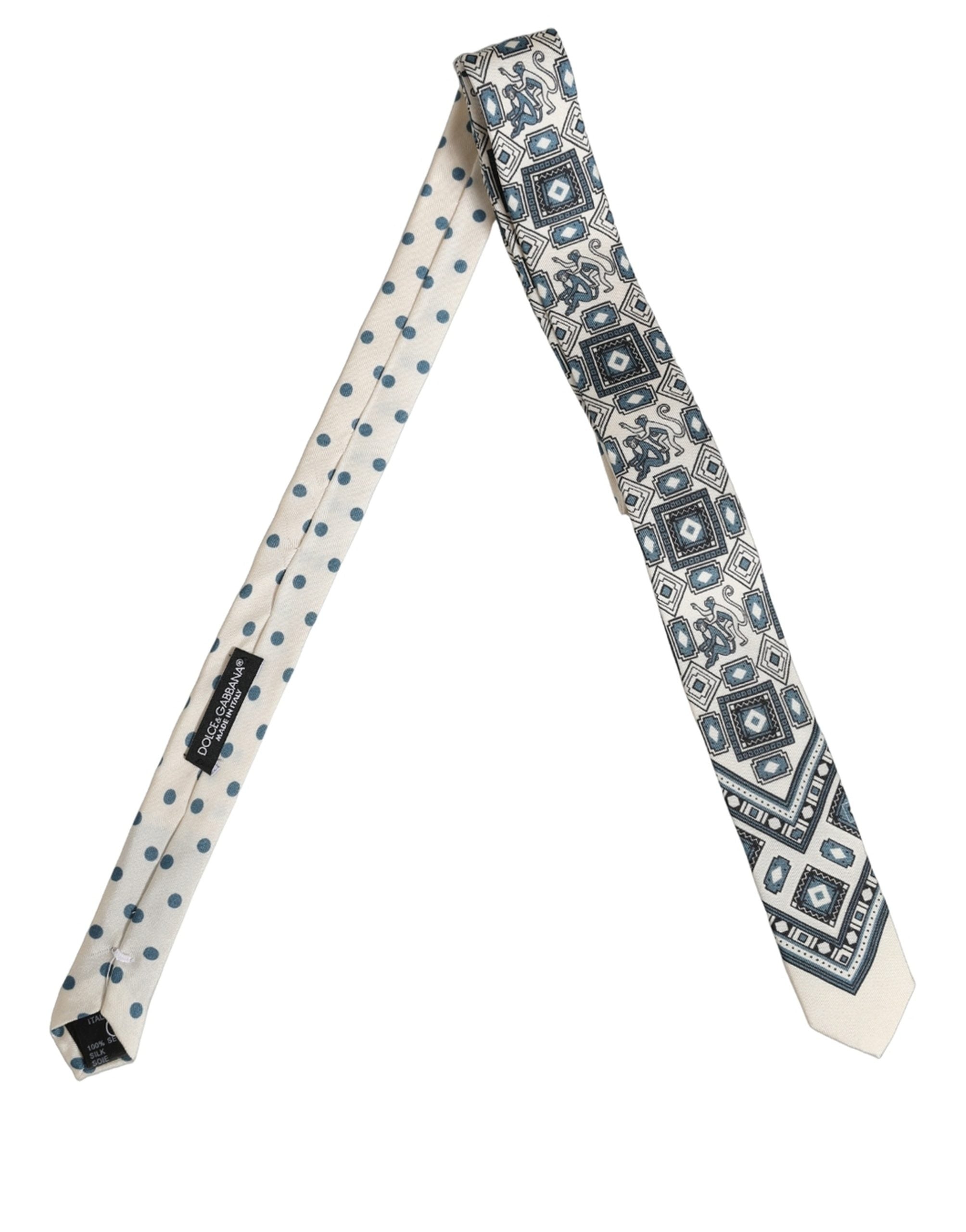 Dolce & Gabbana Herren Krawatte Off White Blau Geometrisch Verstellbar Gebunden
