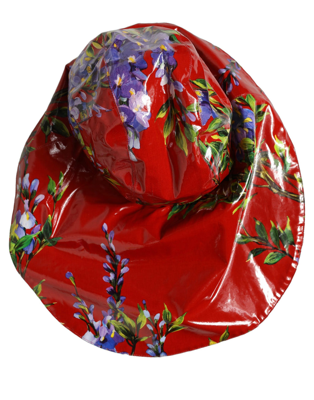 Dolce & Gabbana Glänzender roter Eimerhut mit breiter Krempe und Blumenmuster