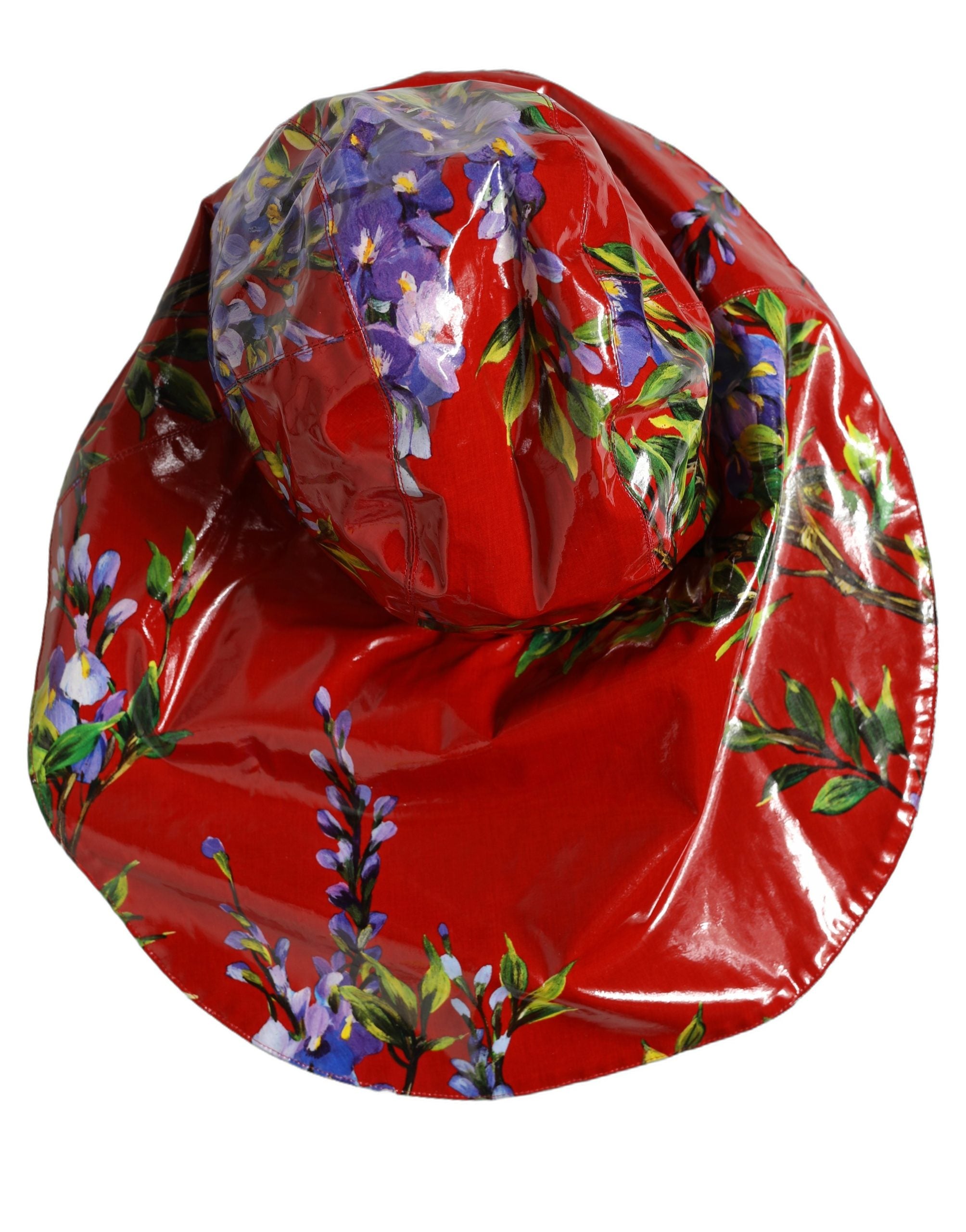Dolce & Gabbana Glänzender roter Eimerhut mit breiter Krempe und Blumenmuster