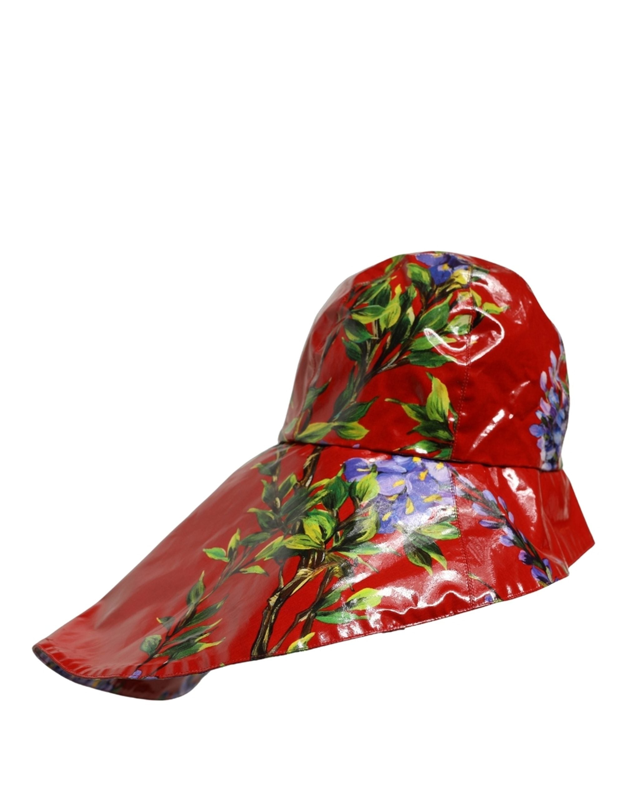 Dolce & Gabbana Glänzender roter Eimerhut mit breiter Krempe und Blumenmuster