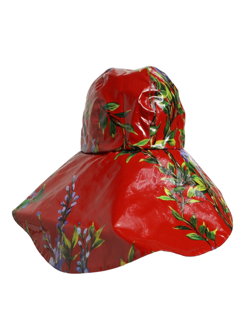 Dolce & Gabbana Glänzender roter Eimerhut mit breiter Krempe und Blumenmuster