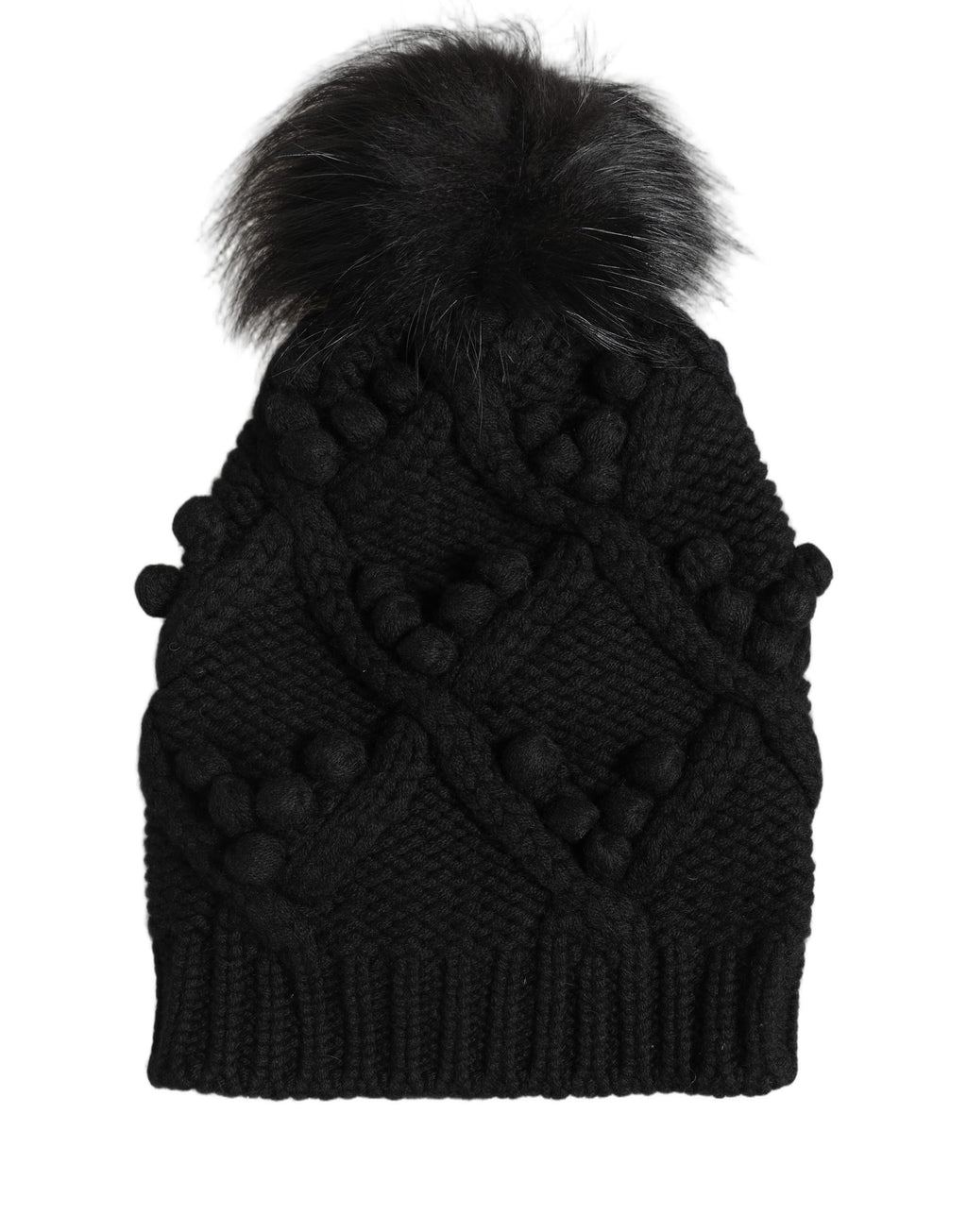 Dolce & Gabbana Schwarze Kaschmir-Strickmütze mit Pelzpompon, Einheitsgröße