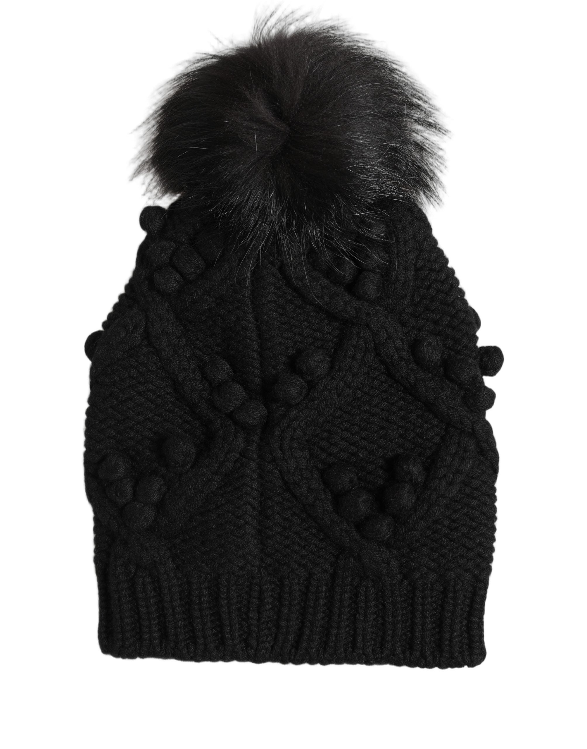 Dolce & Gabbana Schwarze Kaschmir-Strickmütze mit Pelzpompon, Einheitsgröße