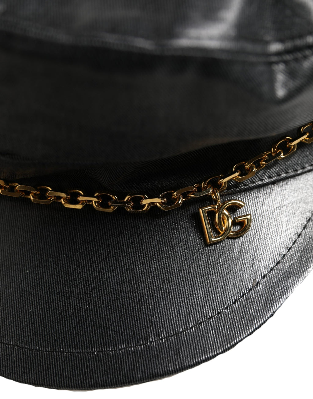 Dolce & Gabbana Schwarze Baumwoll-Baker-Boy-Mütze mit DG-Goldkette