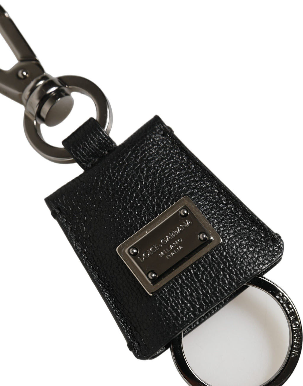 Dolce & Gabbana Schwarzer Dauphine Leder Schlüsselanhänger mit silberner Logo-Plakette