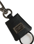 Dolce & Gabbana Schwarzer Dauphine Leder Schlüsselanhänger mit silberner Logo-Plakette