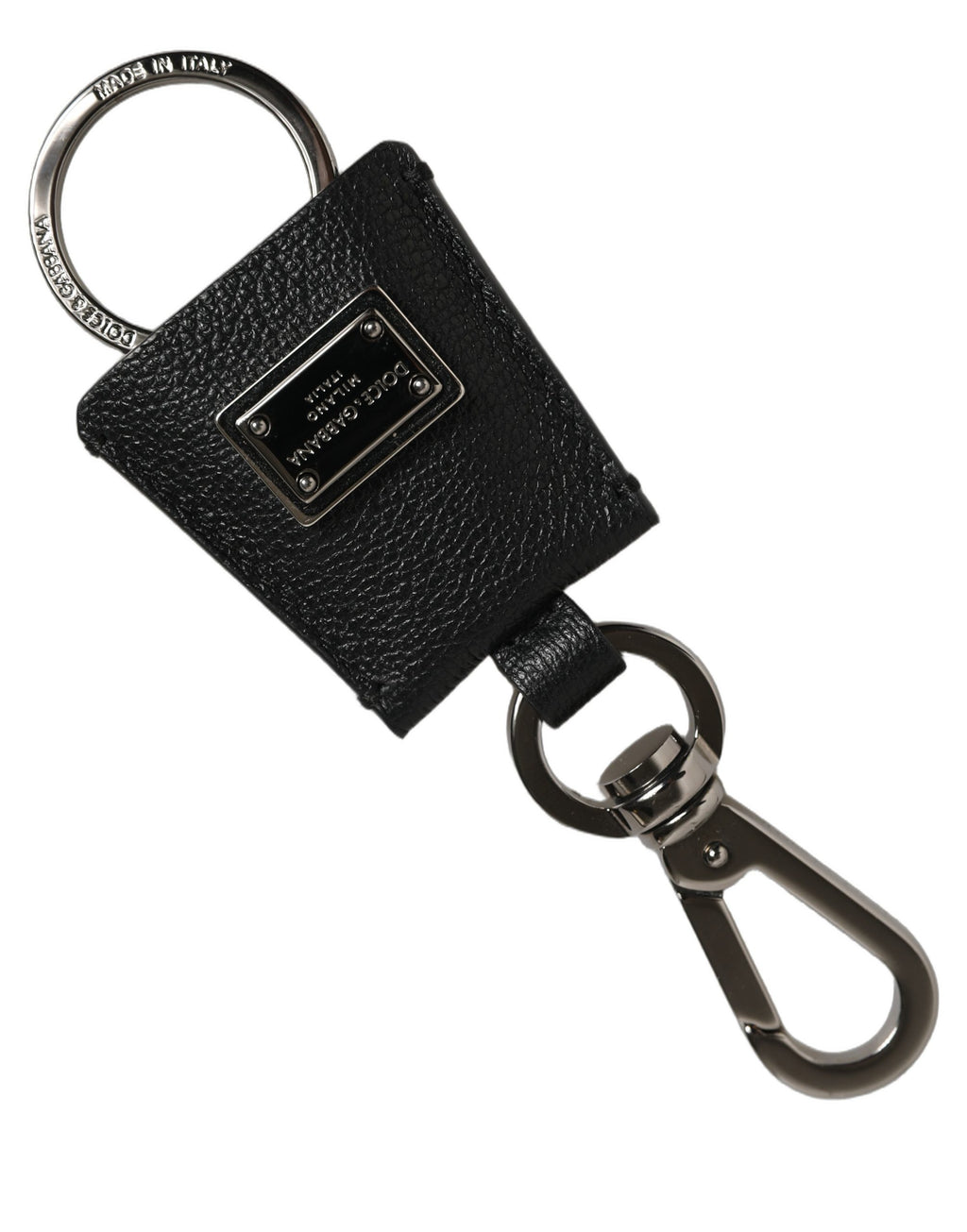 Dolce & Gabbana Schwarzer Dauphine Leder Schlüsselanhänger mit silberner Logo-Plakette