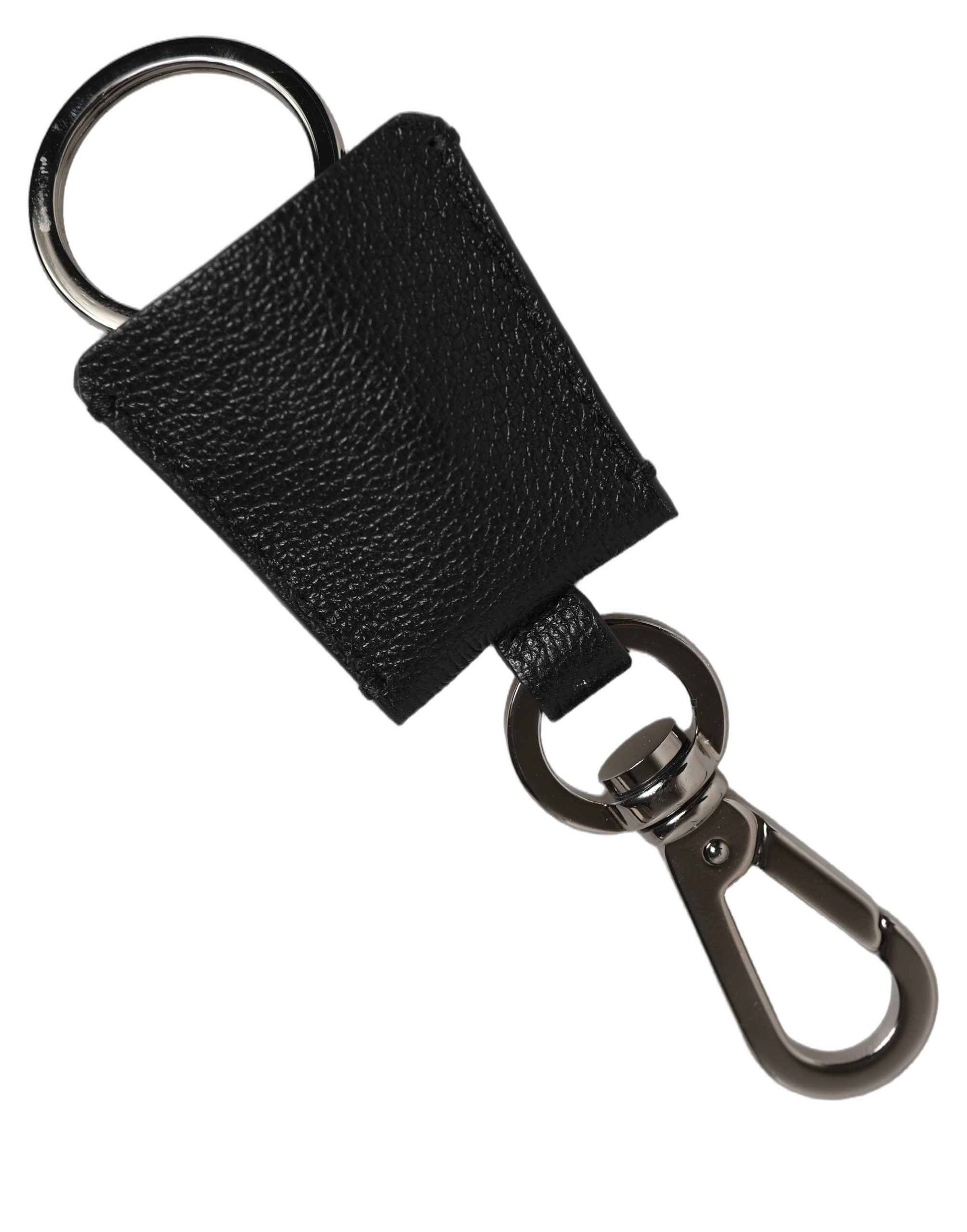 Dolce & Gabbana Schwarzer Dauphine Leder Schlüsselanhänger mit silberner Logo-Plakette