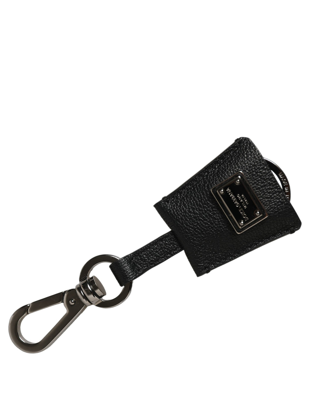 Dolce & Gabbana Schwarzer Dauphine Leder Schlüsselanhänger mit silberner Logo-Plakette