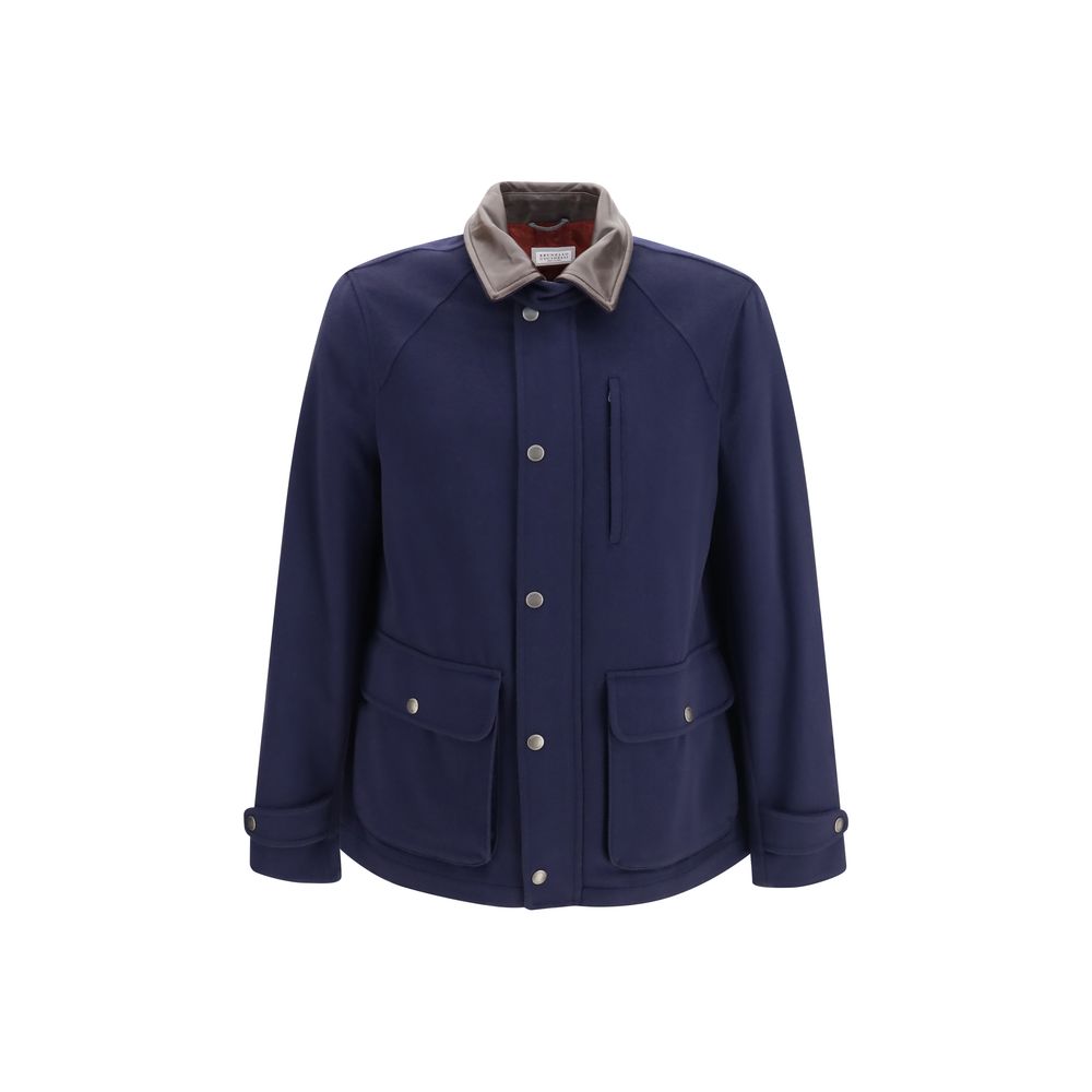 Brunello Cucinelli Blaue Jacke aus Wolle Oves Aries in voller Länge