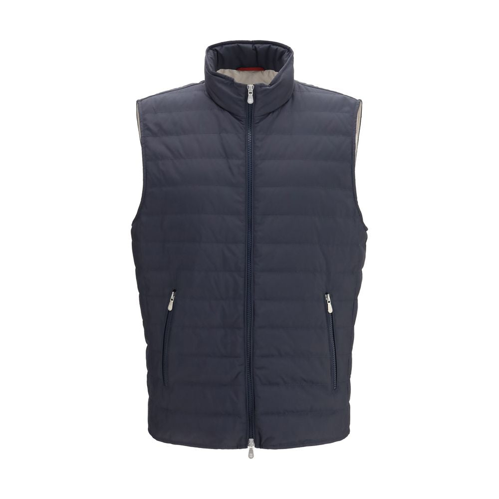 Brunello Cucinelli Ärmellose blaue Jacke aus Polyester