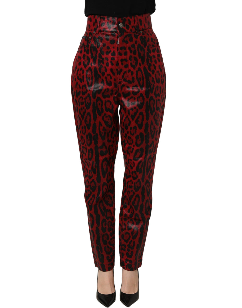 Dolce & Gabbana Rote Leo-Print Baumwoll-Jeans mit 5 Taschen