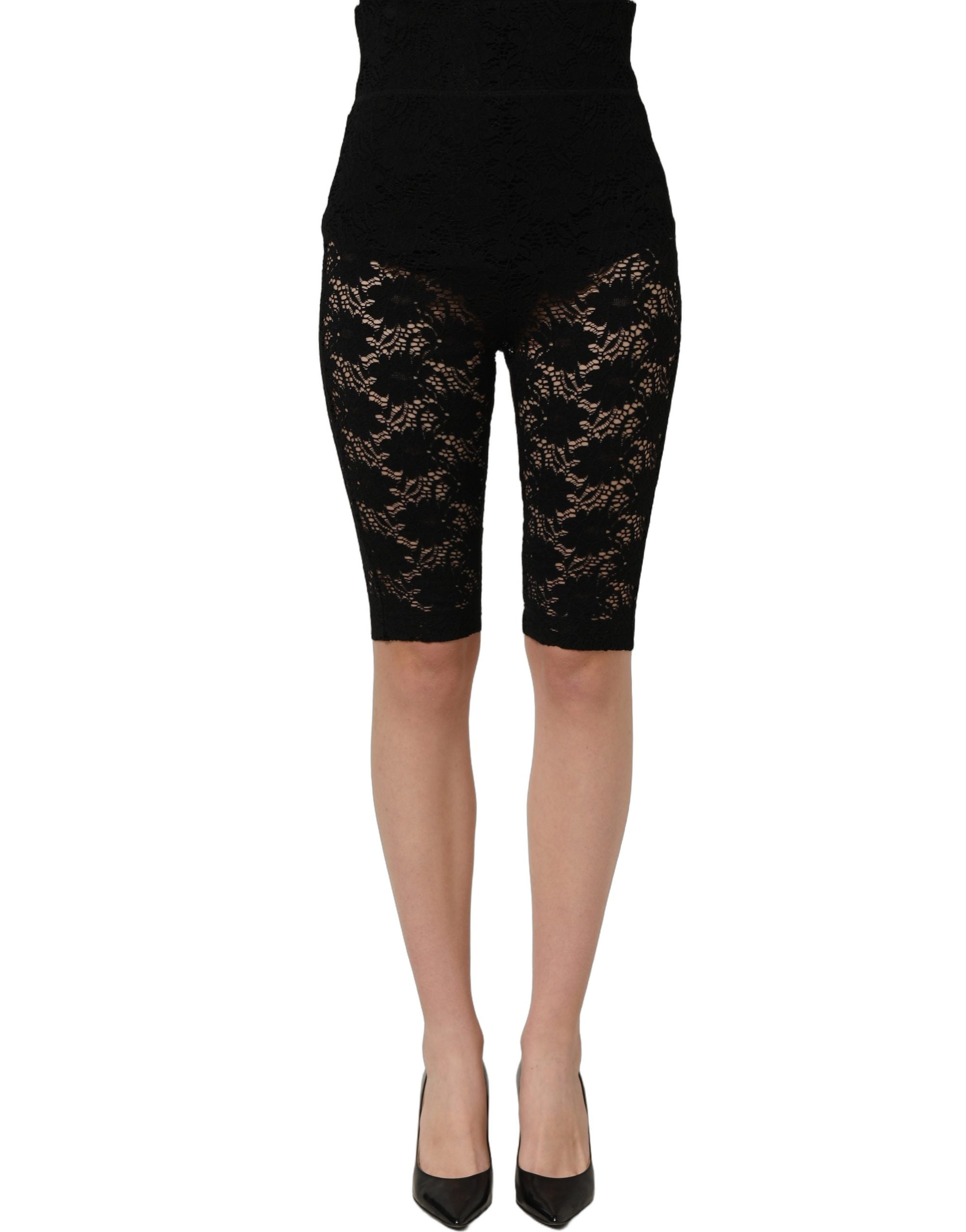 Dolce & Gabbana Schwarze High-Waist-Shorts aus transparenter floraler Spitze