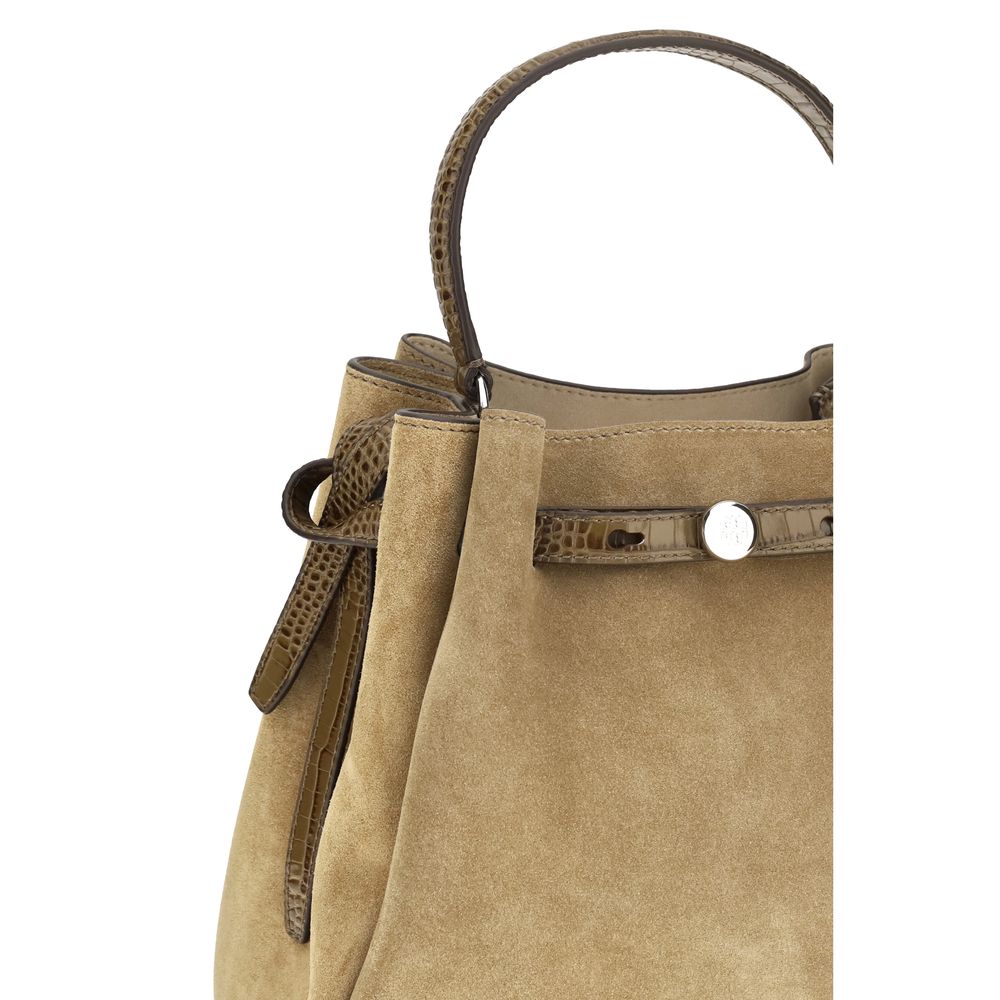 Tory Burch Beige Wildleder-Ledertasche im Bucket-Stil