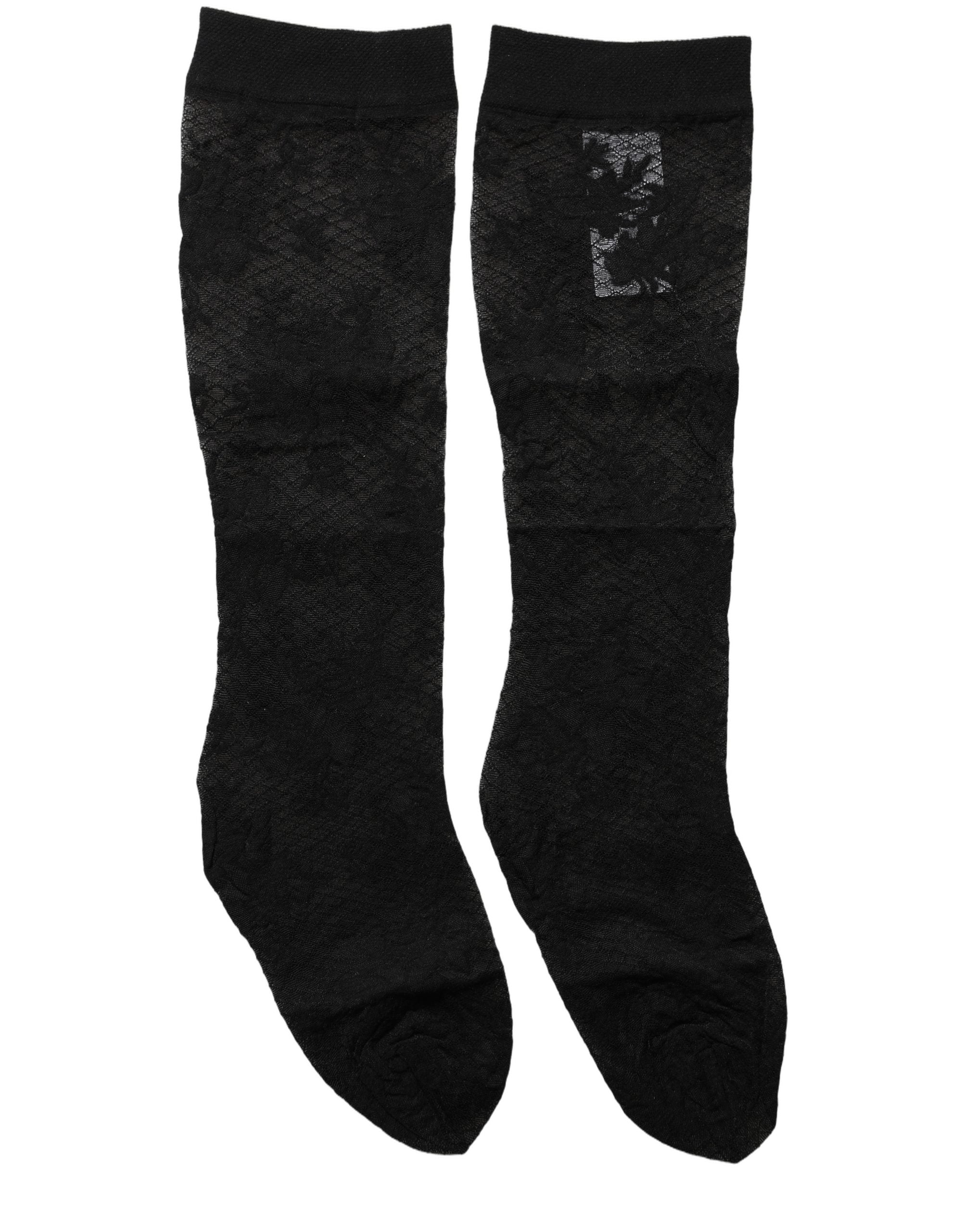 Dolce & Gabbana Schwarze Strümpfe aus floraler Spitze mit Nylon-Stretch